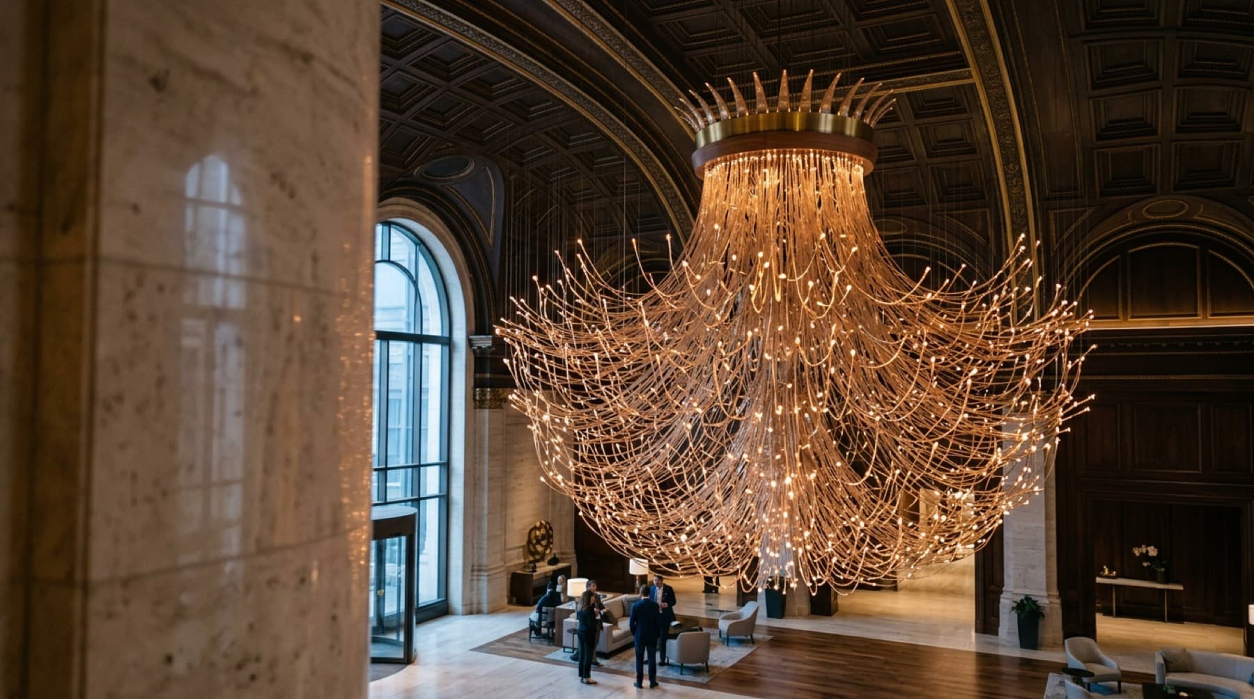 A vast fiber-optic chandelier cascading from the vaulted ceiling of a grand hotel lobby, hundreds of light-tipped strands forming a luminous canopy above a small group of guests in conversation.
