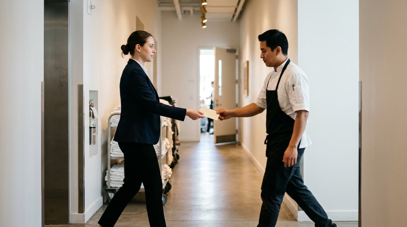 A hotel manager in a dark blazer and a chef in a white jacket passing a notecard to each other mid-stride in a clean back-of-house corridor, a linen cart visible against the wall, warm overhead lighting on polished concrete floors.