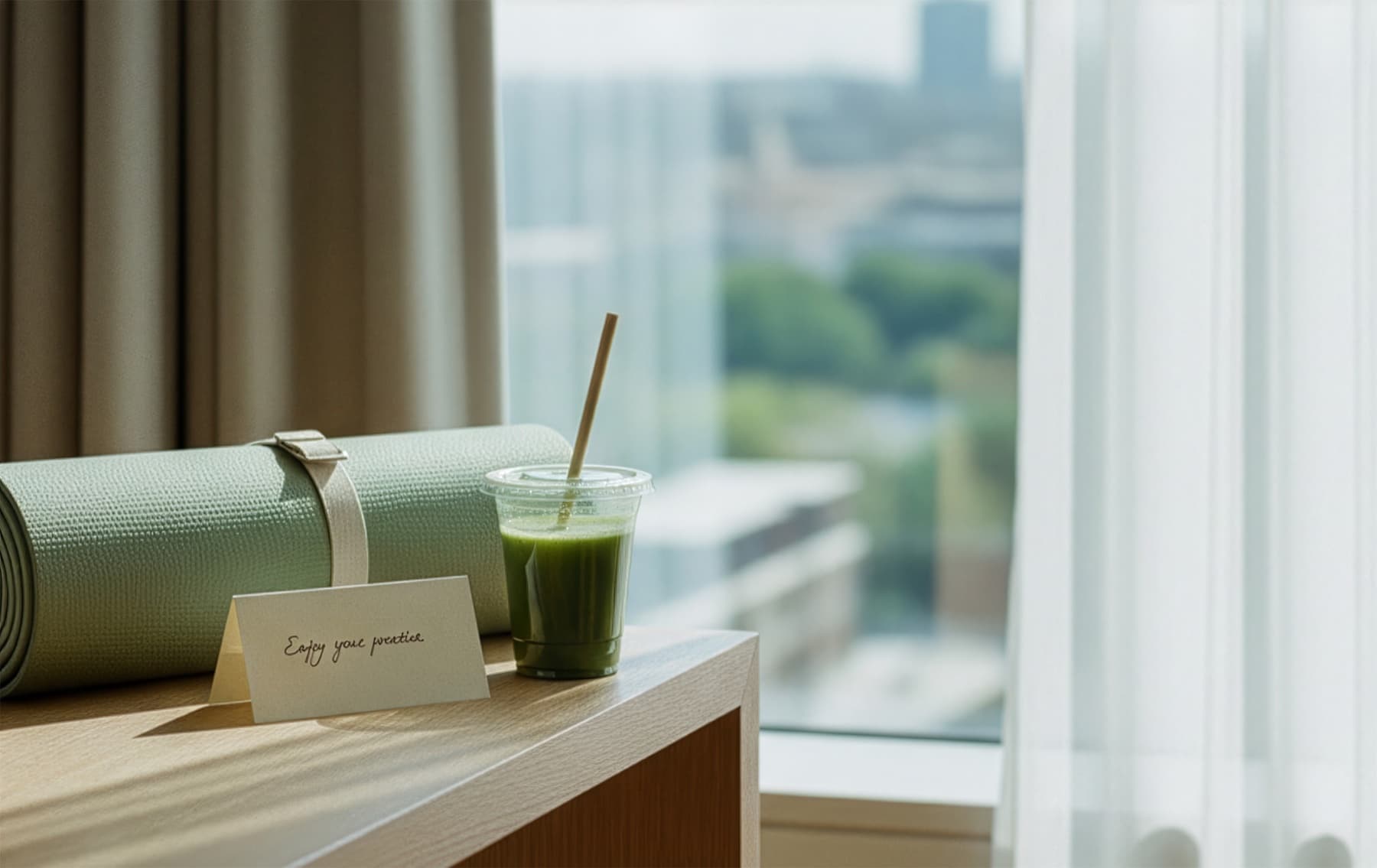 A rolled sage-green yoga mat, a fresh green juice with a paper straw, and a small handwritten notecard on a wooden side table beside a hotel room window, soft morning light streaming through sheer curtains with a blurred cityscape beyond.